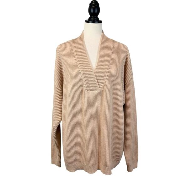 Haven Well Within Cotton Cashmere Blend V-Neck Ribbed Knit Sweater Tan XXL - Picture 2 of 13